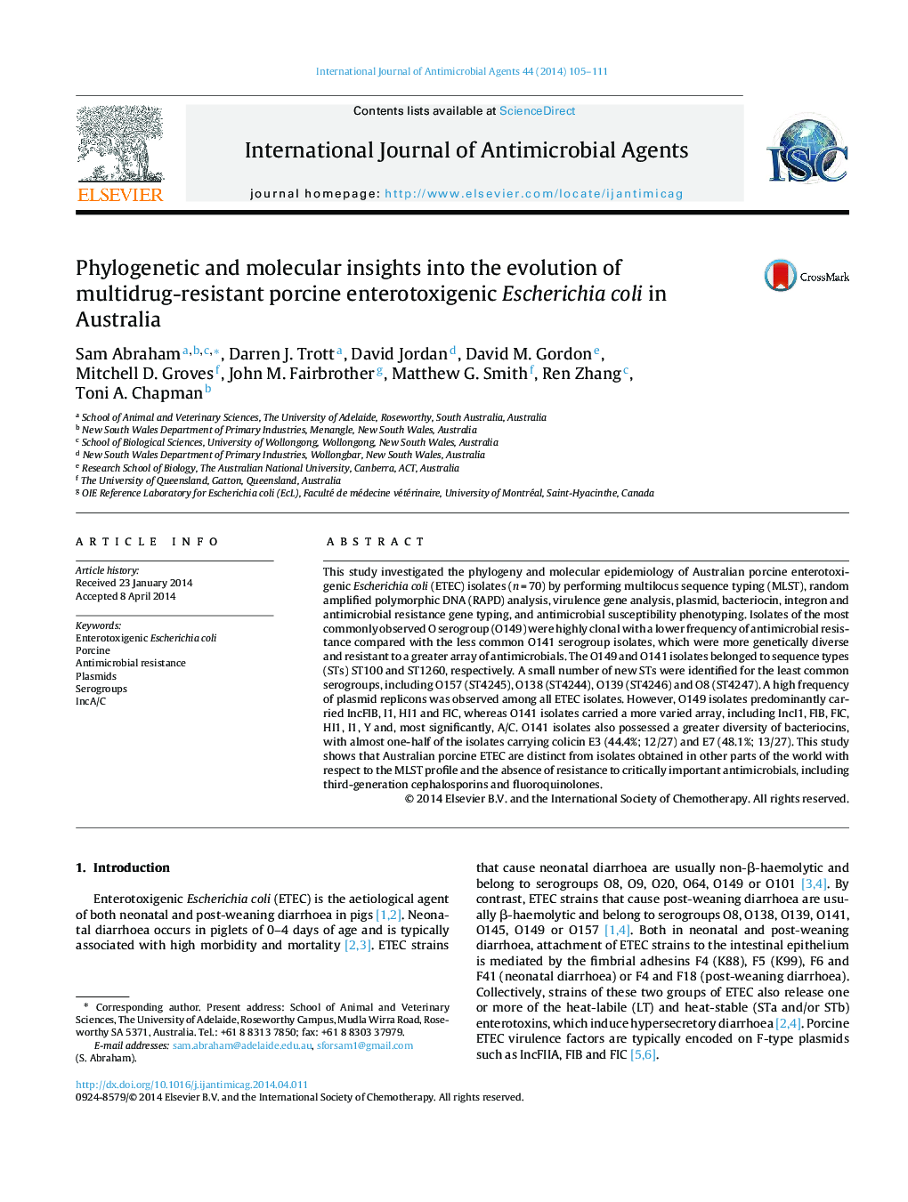 Phylogenetic and molecular insights into the evolution of multidrug-resistant porcine enterotoxigenic Escherichia coli in Australia