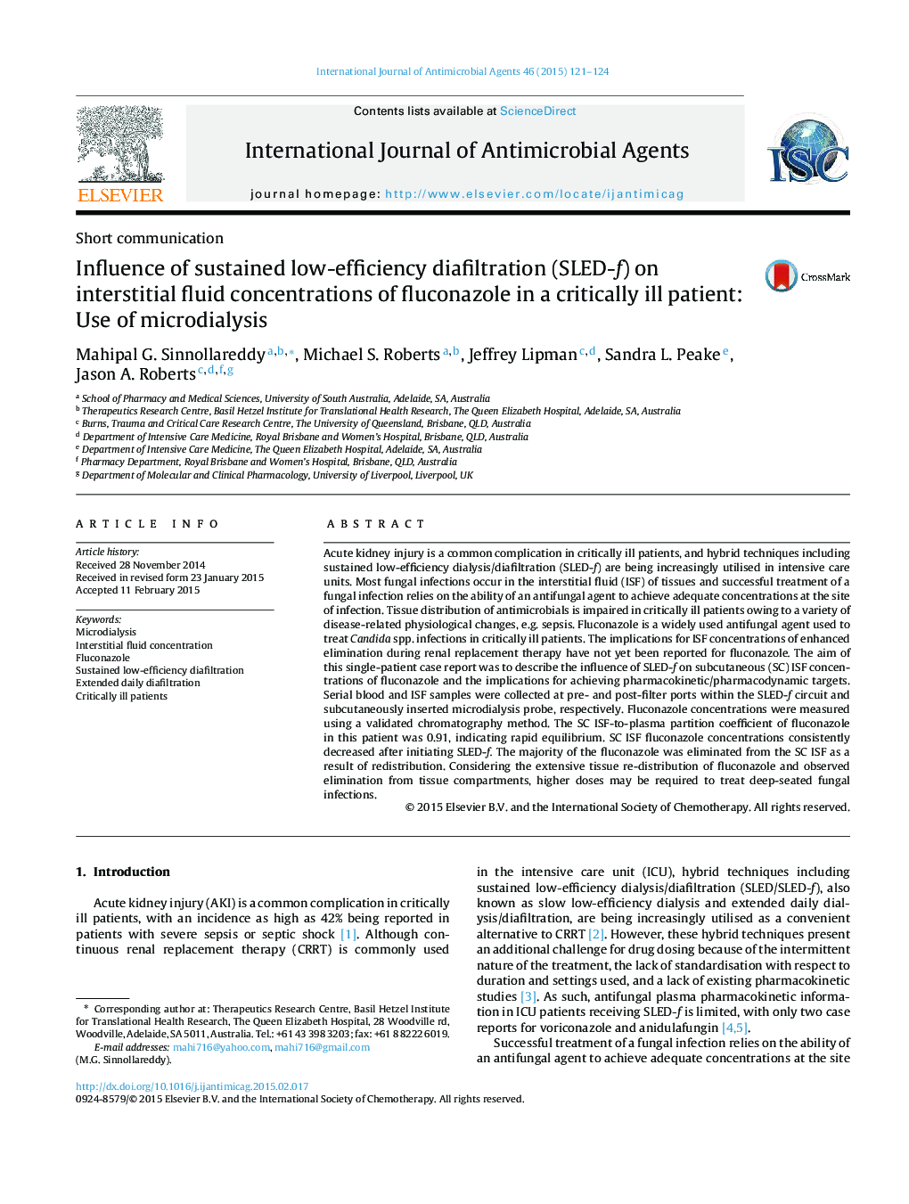 Influence of sustained low-efficiency diafiltration (SLED-f) on interstitial fluid concentrations of fluconazole in a critically ill patient: Use of microdialysis