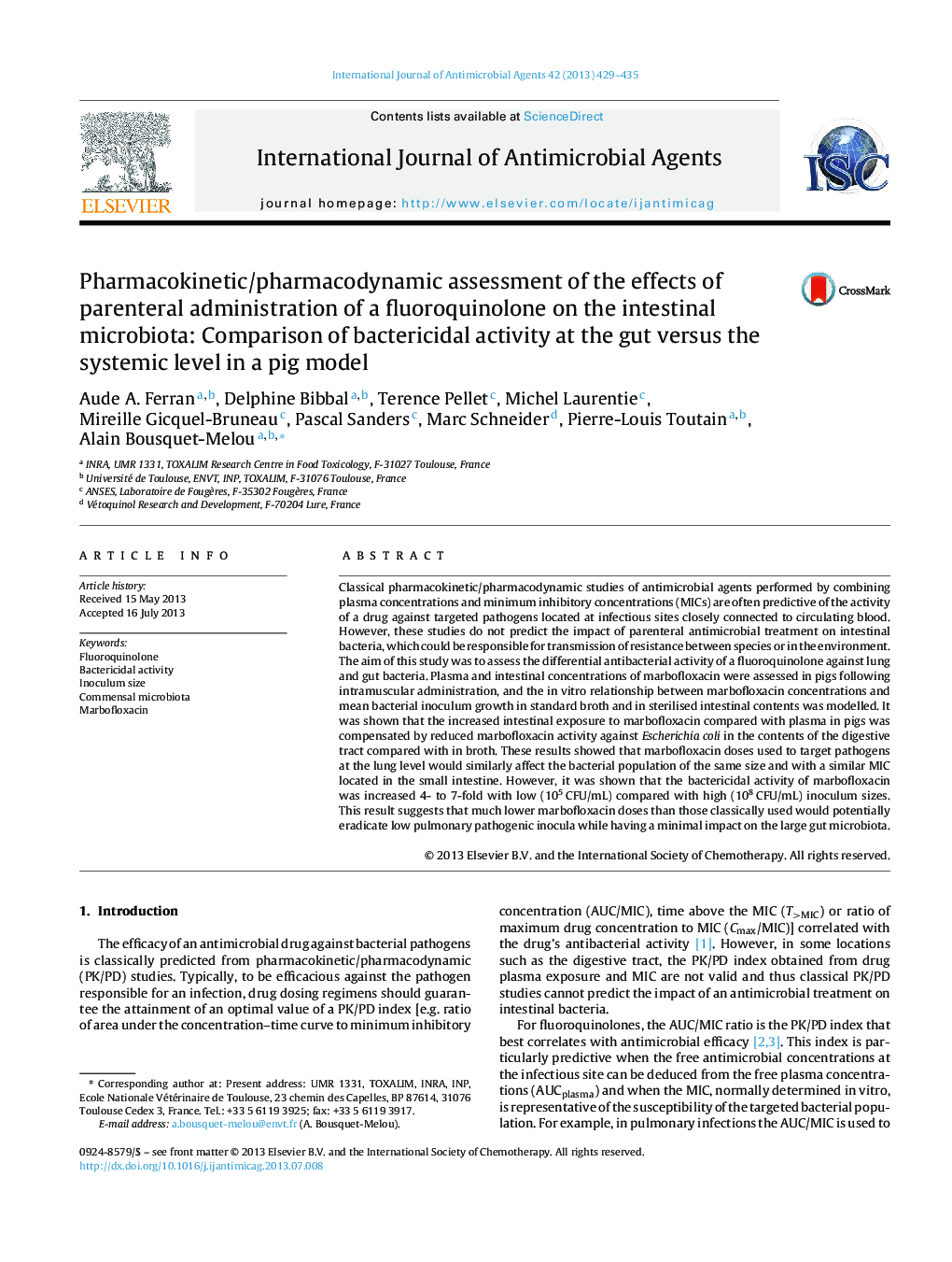 Pharmacokinetic/pharmacodynamic assessment of the effects of parenteral administration of a fluoroquinolone on the intestinal microbiota: Comparison of bactericidal activity at the gut versus the systemic level in a pig model