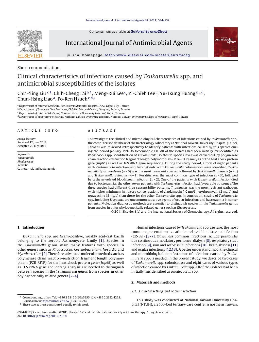 Clinical characteristics of infections caused by Tsukamurella spp. and antimicrobial susceptibilities of the isolates