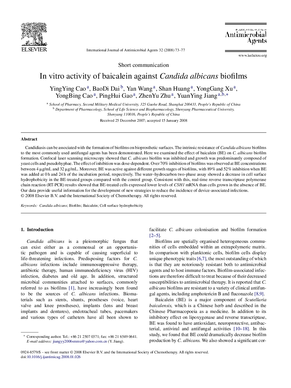 In vitro activity of baicalein against Candida albicans biofilms