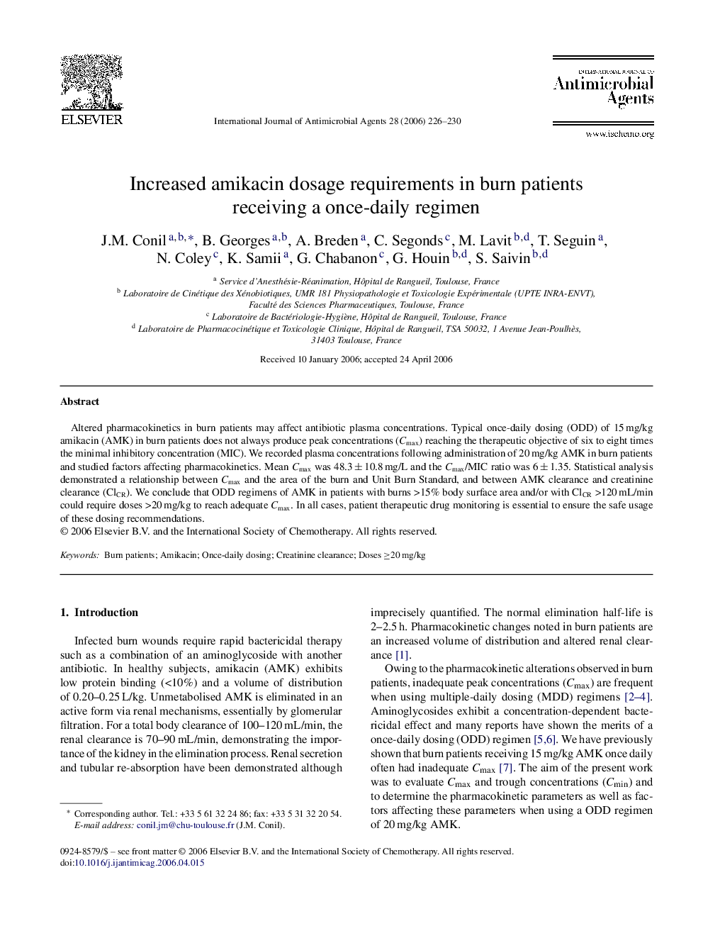 Increased amikacin dosage requirements in burn patients receiving a once-daily regimen