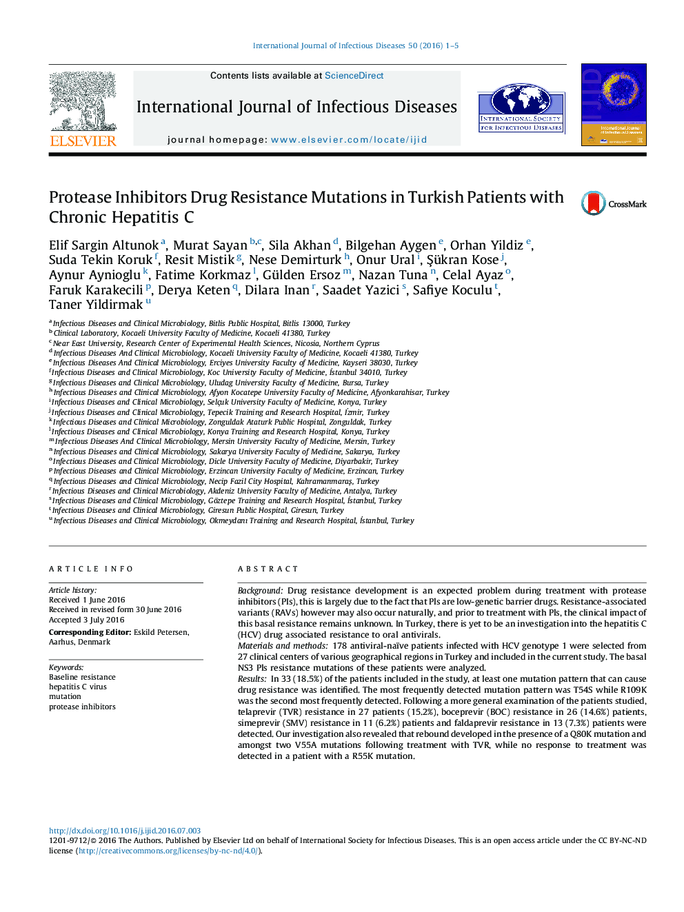 Protease Inhibitors Drug Resistance Mutations in Turkish Patients with Chronic Hepatitis C