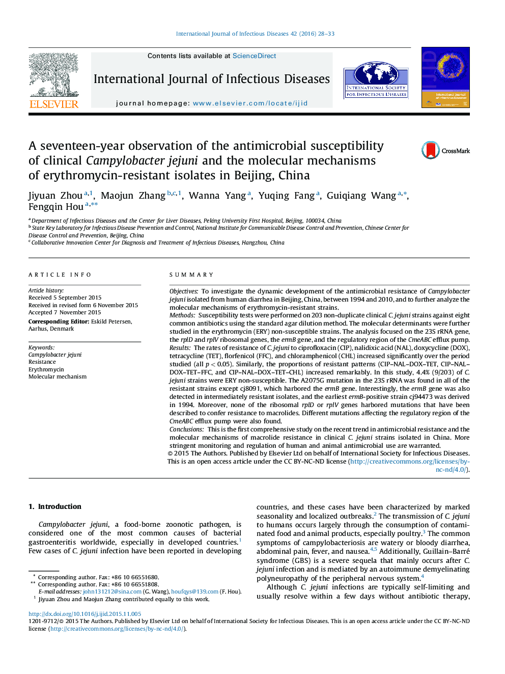 بررسی حساسیت ضد میکروبی کمپیلوباکتر ججونی بالینی و مکانیزم های مولکولی جدایه های مقاوم به اریترومایسین در پکن، چین 