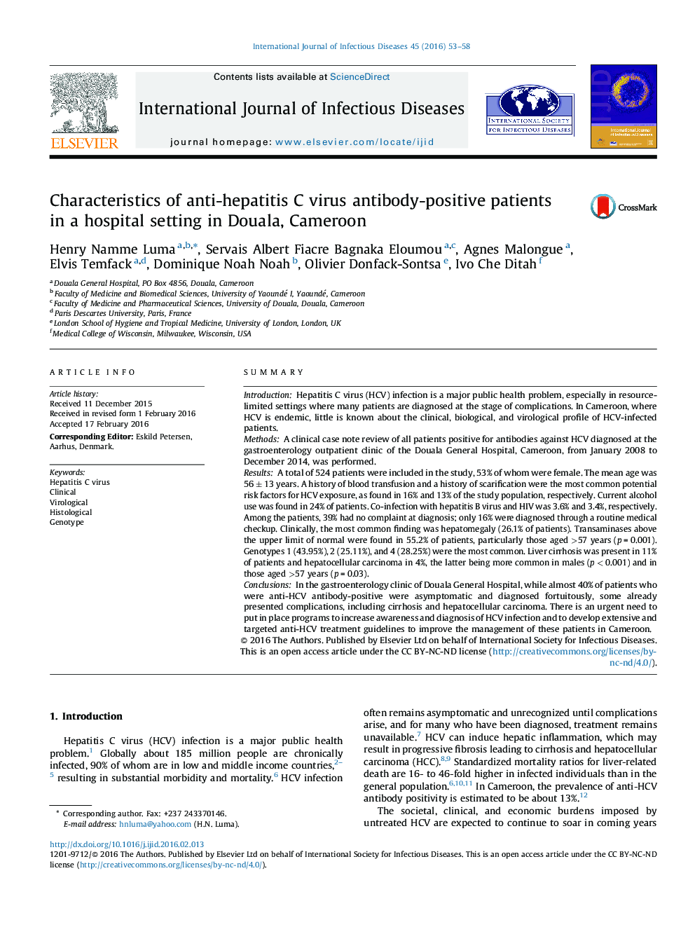 Characteristics of anti-hepatitis C virus antibody-positive patients in a hospital setting in Douala, Cameroon