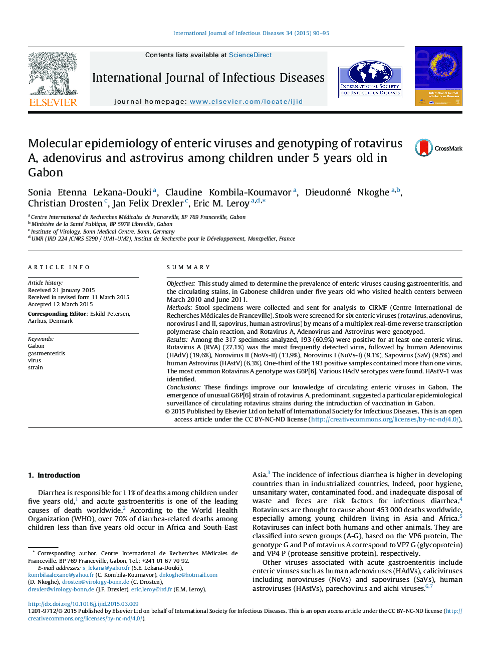 Molecular epidemiology of enteric viruses and genotyping of rotavirus A, adenovirus and astrovirus among children under 5 years old in Gabon