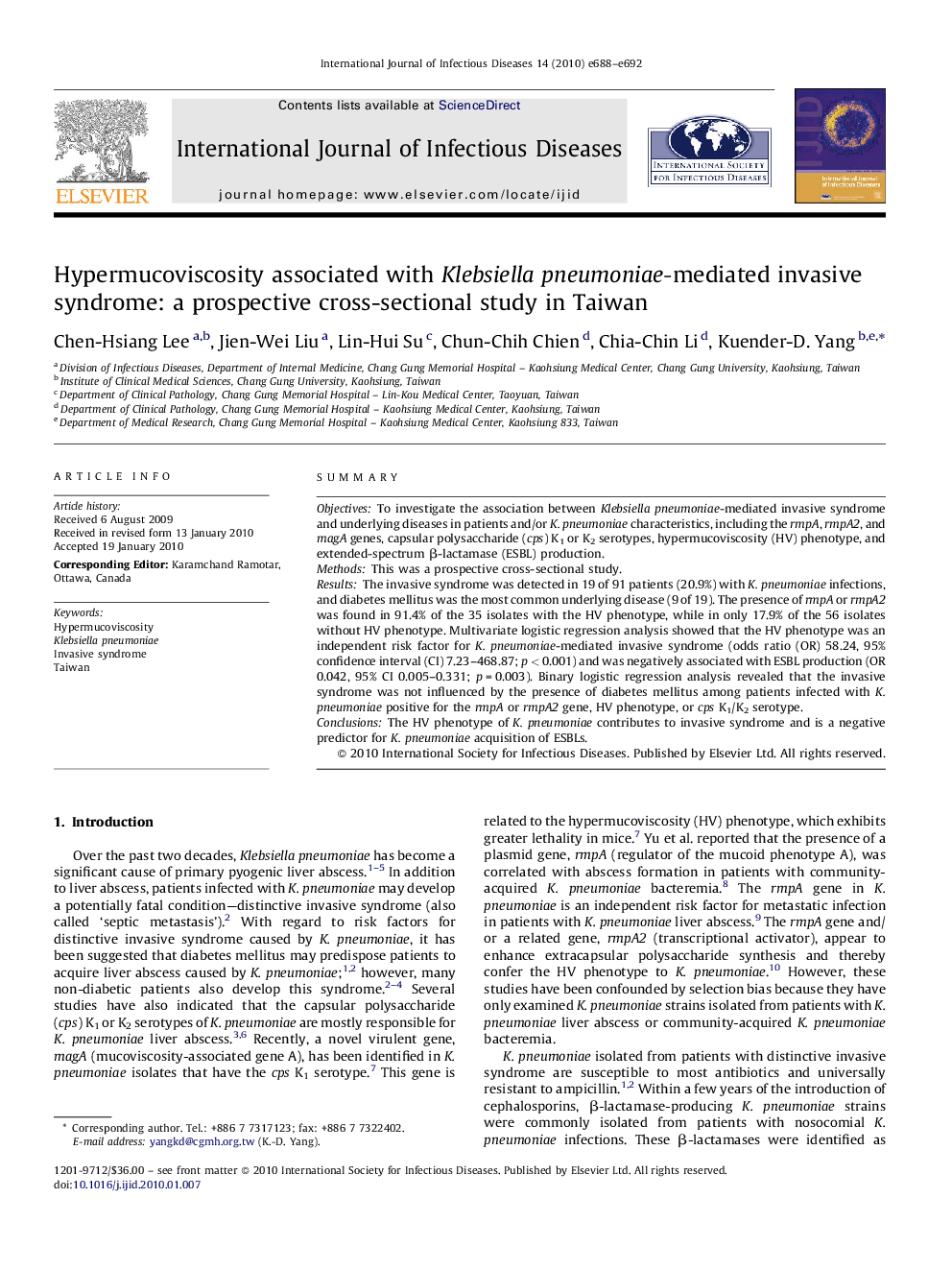 Hypermucoviscosity associated with Klebsiella pneumoniae-mediated invasive syndrome: a prospective cross-sectional study in Taiwan