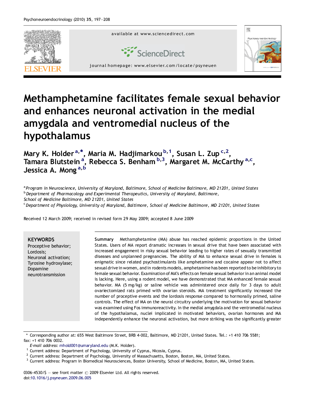 Methamphetamine facilitates female sexual behavior and enhances neuronal activation in the medial amygdala and ventromedial nucleus of the hypothalamus