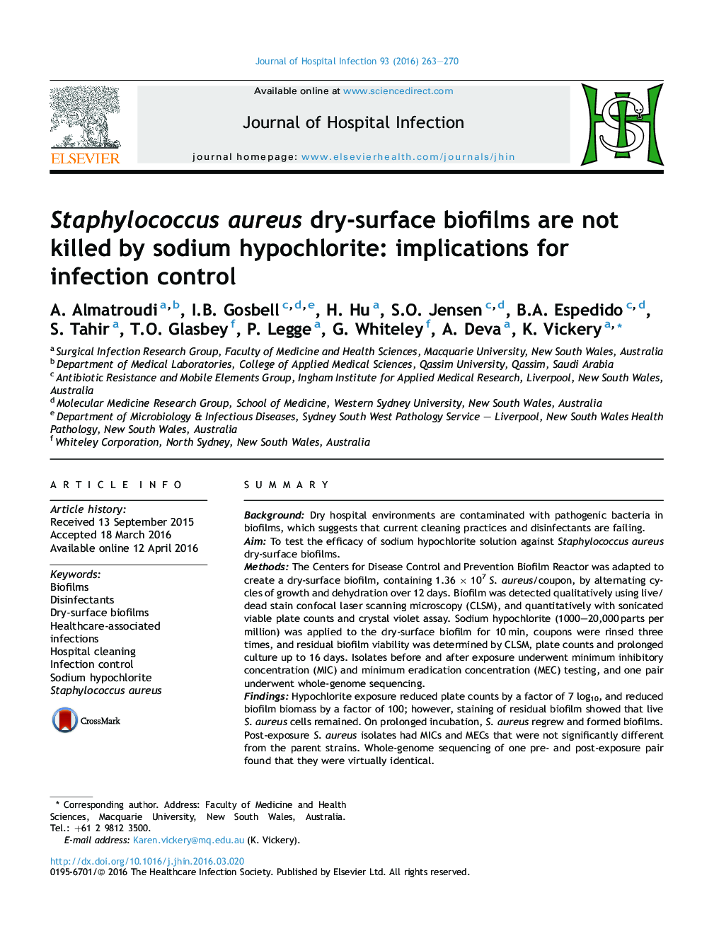 Staphylococcus aureus dry-surface biofilms are not killed by sodium hypochlorite: implications for infection control