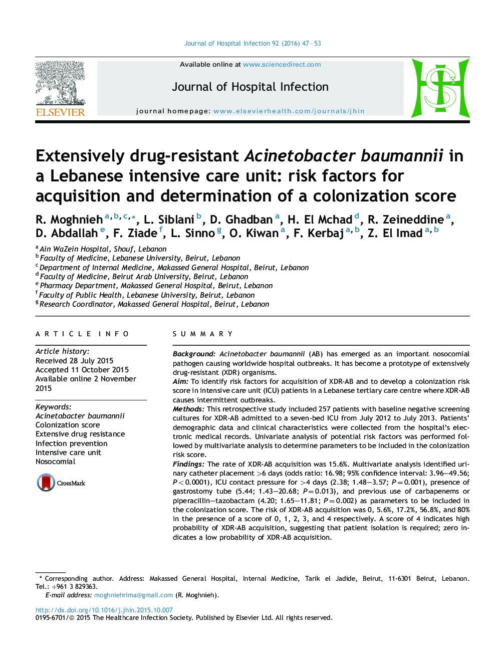 Extensively drug-resistant Acinetobacter baumannii in a Lebanese intensive care unit: risk factors for acquisition and determination of a colonization score