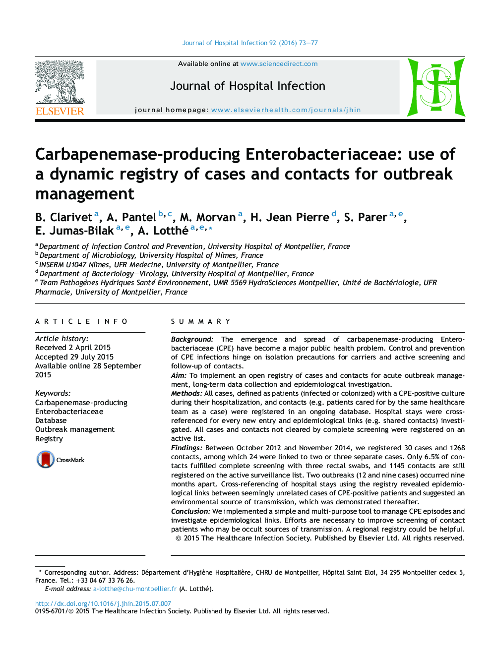 Carbapenemase-producing Enterobacteriaceae: use of a dynamic registry of cases and contacts for outbreak management