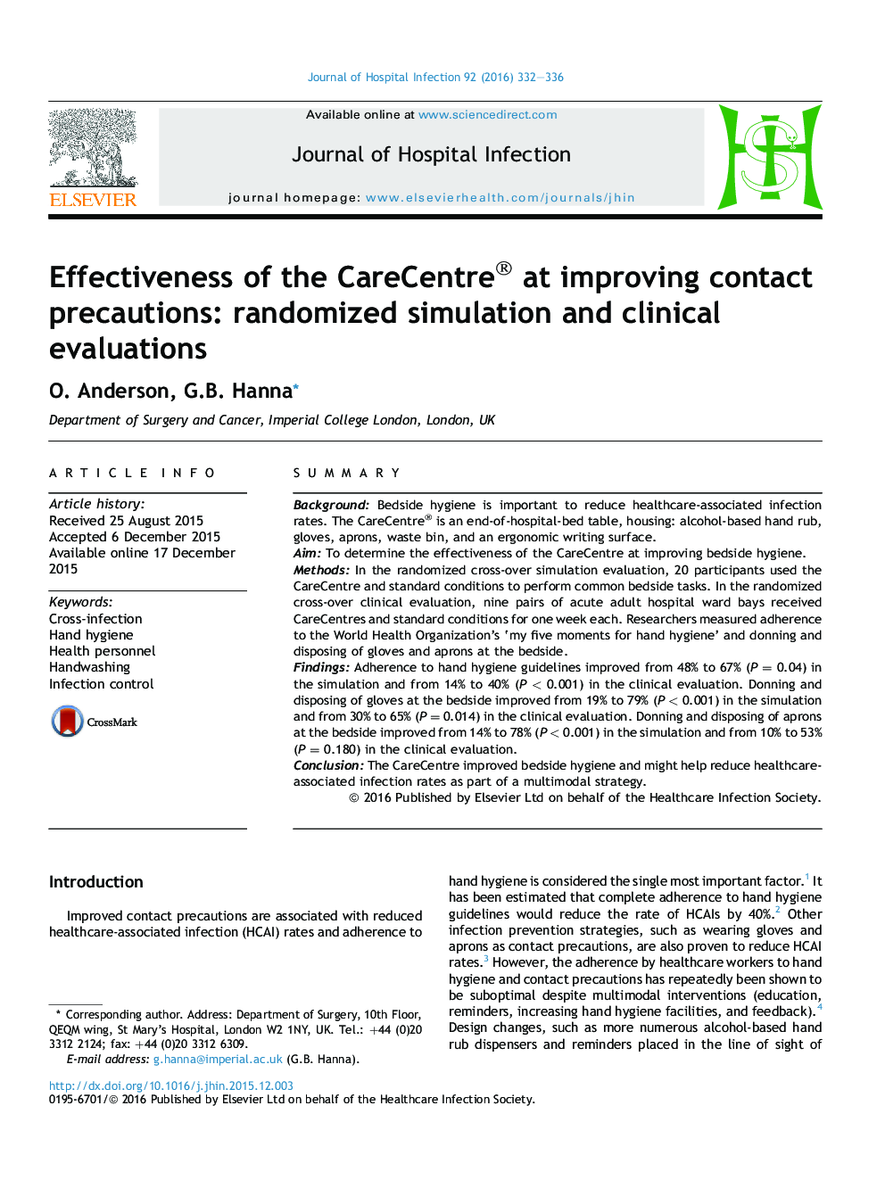 Effectiveness of the CareCentre® at improving contact precautions: randomized simulation and clinical evaluations