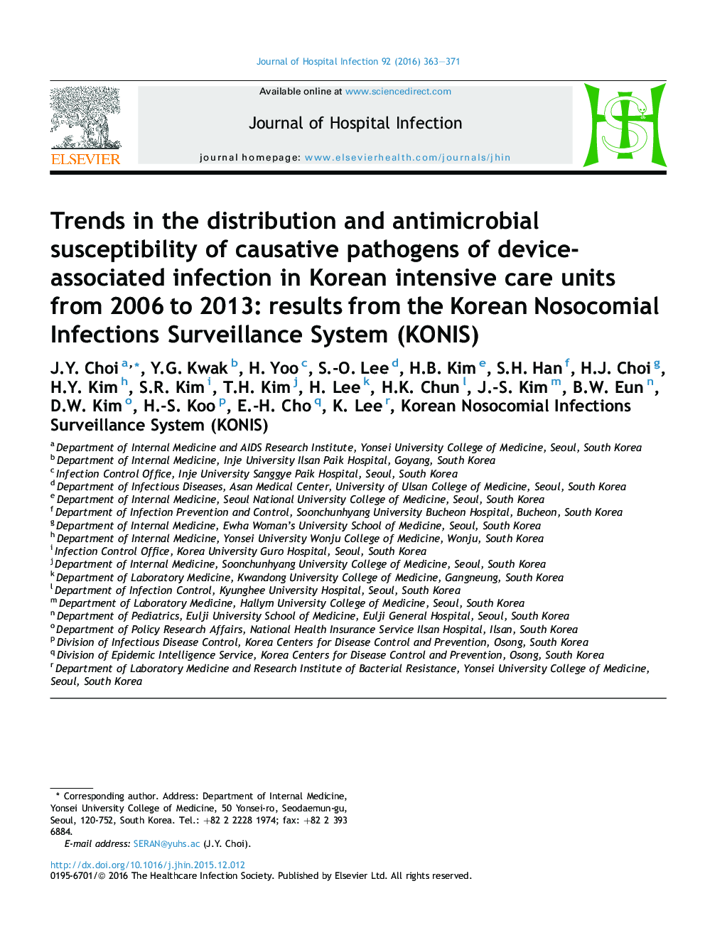 Trends in the distribution and antimicrobial susceptibility of causative pathogens of device-associated infection in Korean intensive care units from 2006 to 2013: results from the Korean Nosocomial Infections Surveillance System (KONIS)