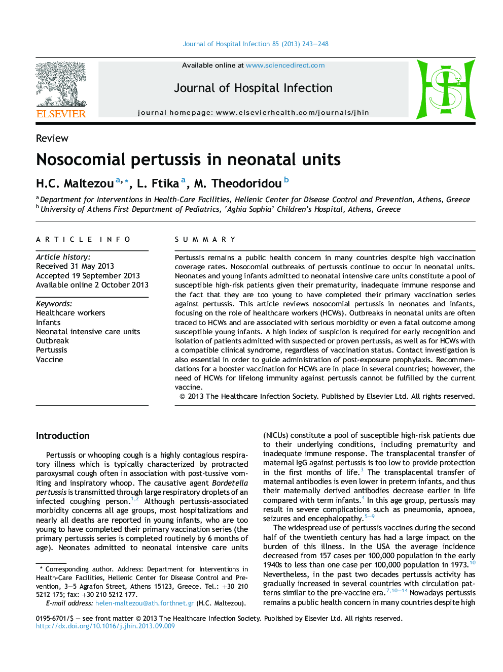 Nosocomial pertussis in neonatal units