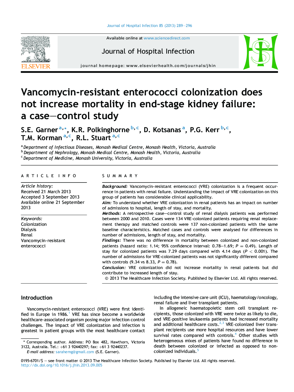 Vancomycin-resistant enterococci colonization does not increase mortality in end-stage kidney failure: a case–control study