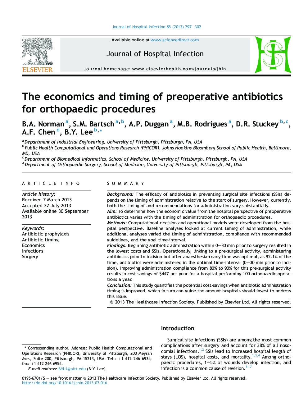 The economics and timing of preoperative antibiotics for orthopaedic procedures