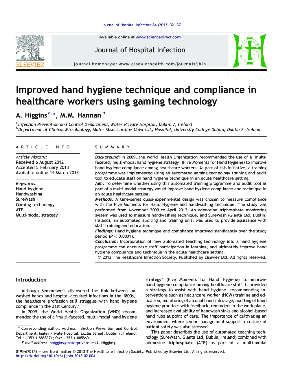 Improved hand hygiene technique and compliance in healthcare workers using gaming technology