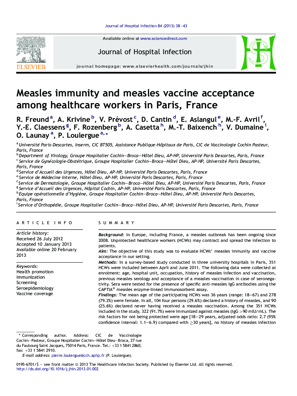 Measles immunity and measles vaccine acceptance among healthcare workers in Paris, France