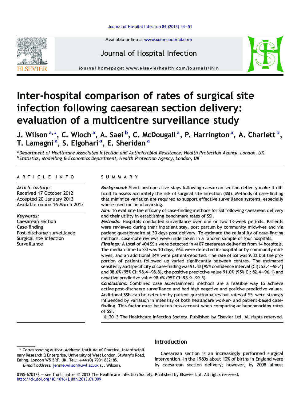 Inter-hospital comparison of rates of surgical site infection following caesarean section delivery: evaluation of a multicentre surveillance study