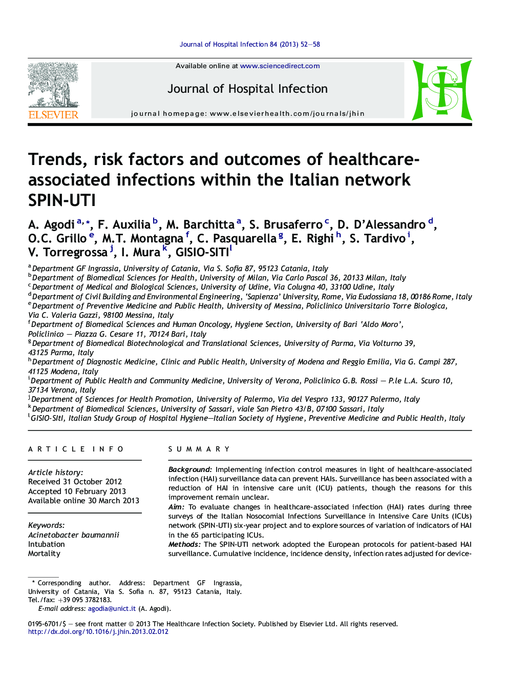 Trends, risk factors and outcomes of healthcare-associated infections within the Italian network SPIN-UTI