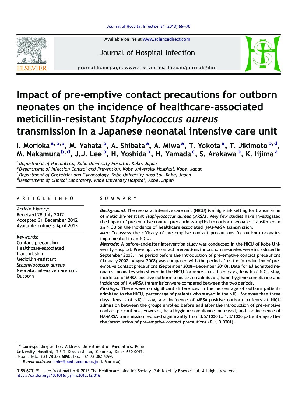 Impact of pre-emptive contact precautions for outborn neonates on the incidence of healthcare-associated meticillin-resistant Staphylococcus aureus transmission in a Japanese neonatal intensive care unit