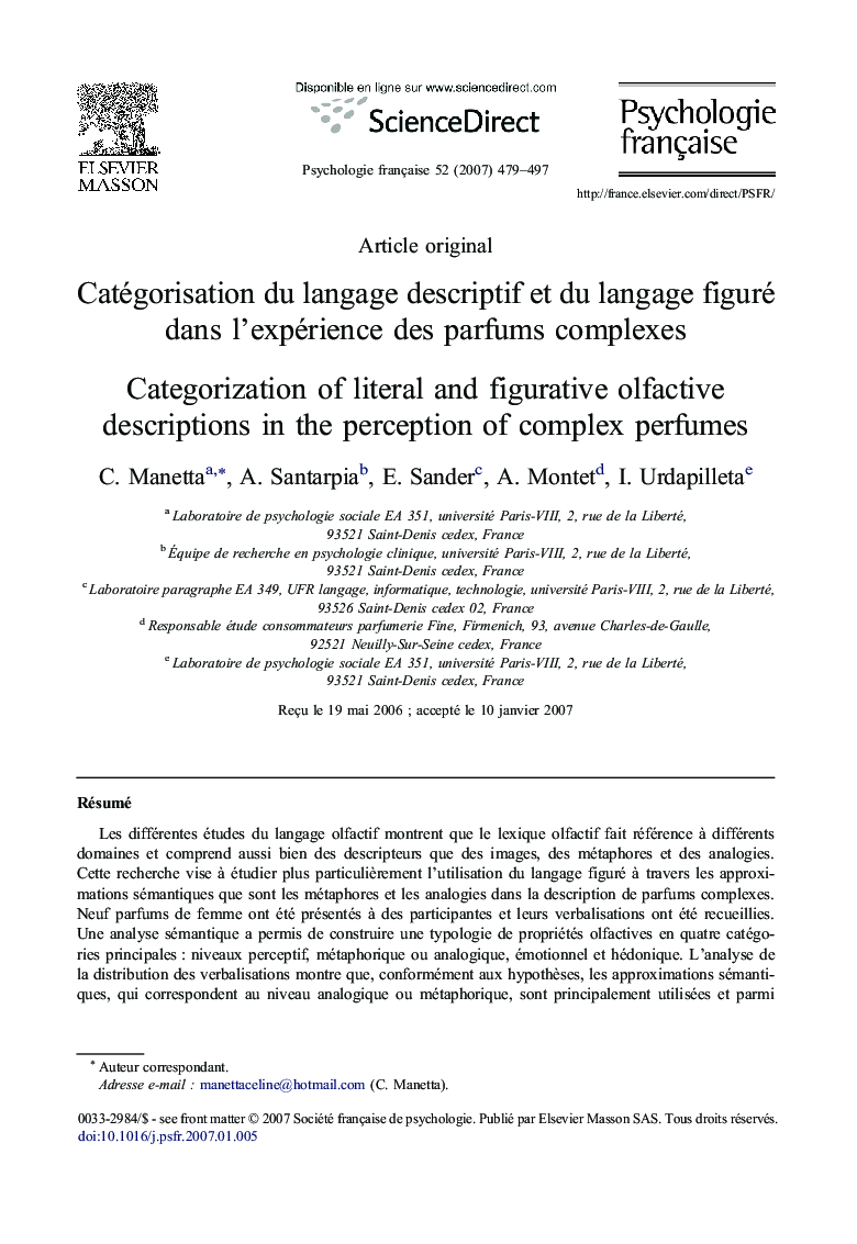 Catégorisation du langage descriptif et du langage figuré dans l'expérience des parfums complexes