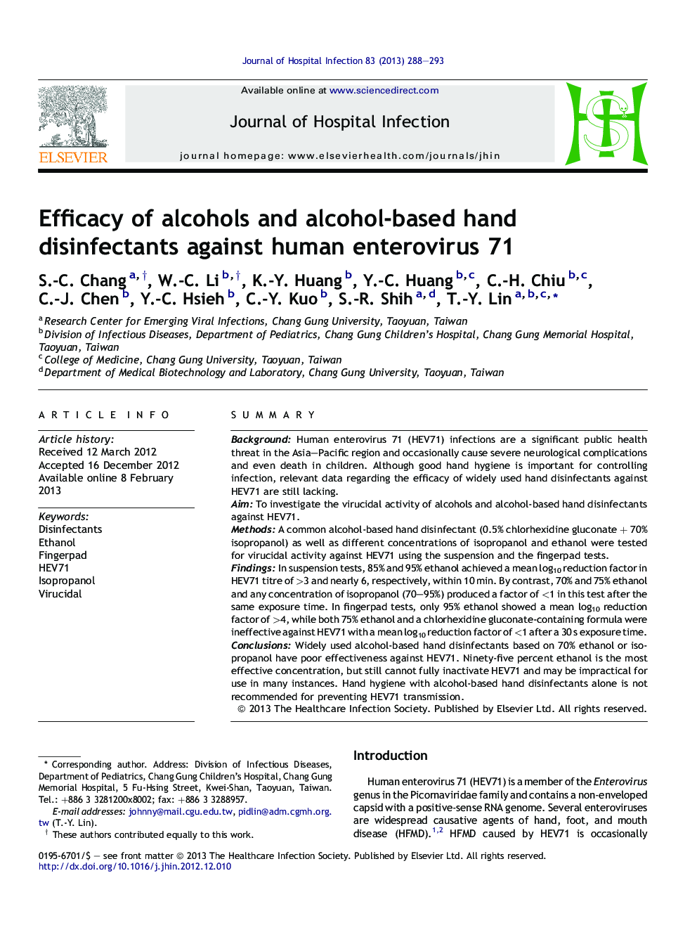 Efficacy of alcohols and alcohol-based hand disinfectants against human enterovirus 71