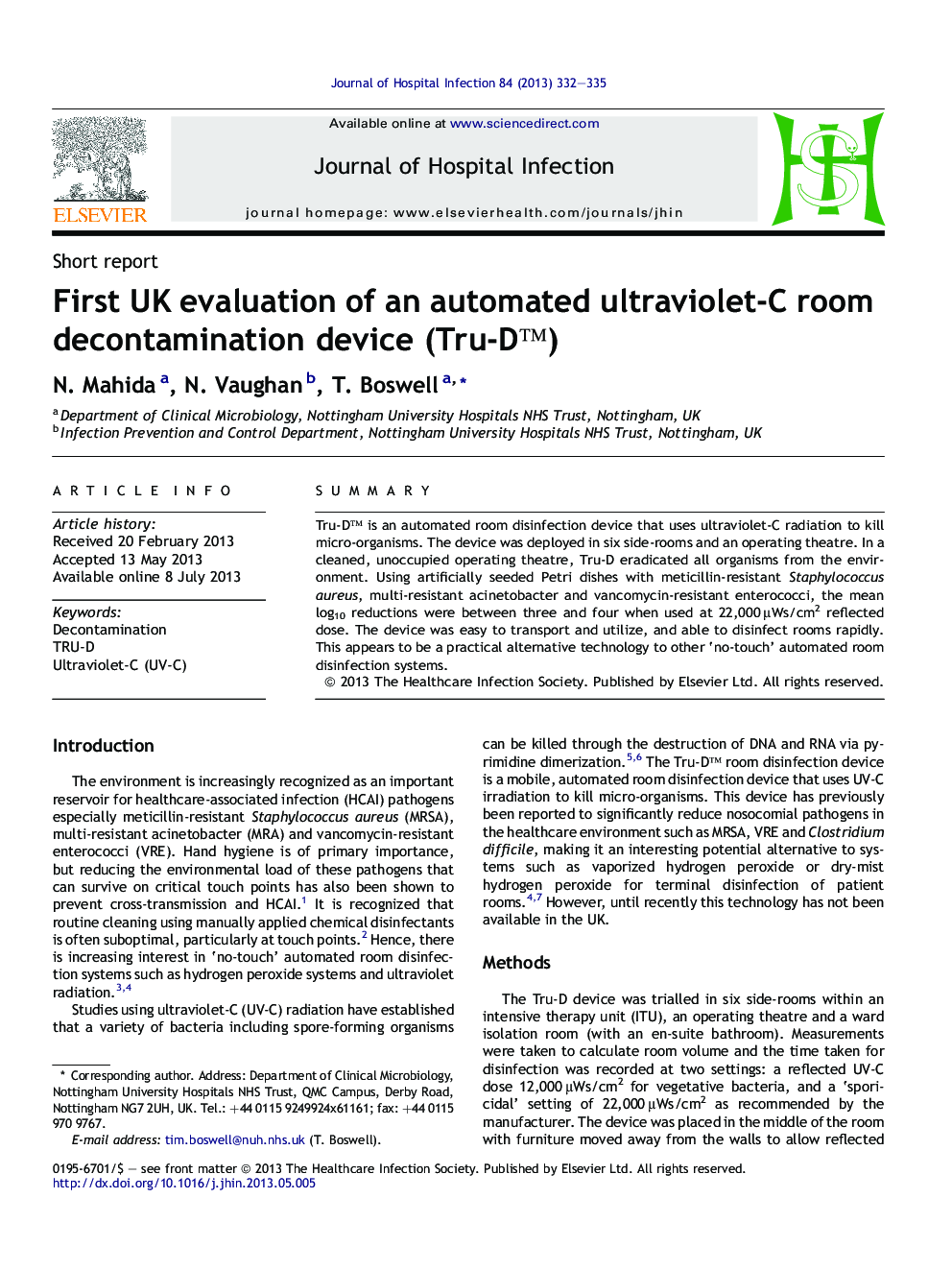 First UK evaluation of an automated ultraviolet-C room decontamination device (Tru-D™)