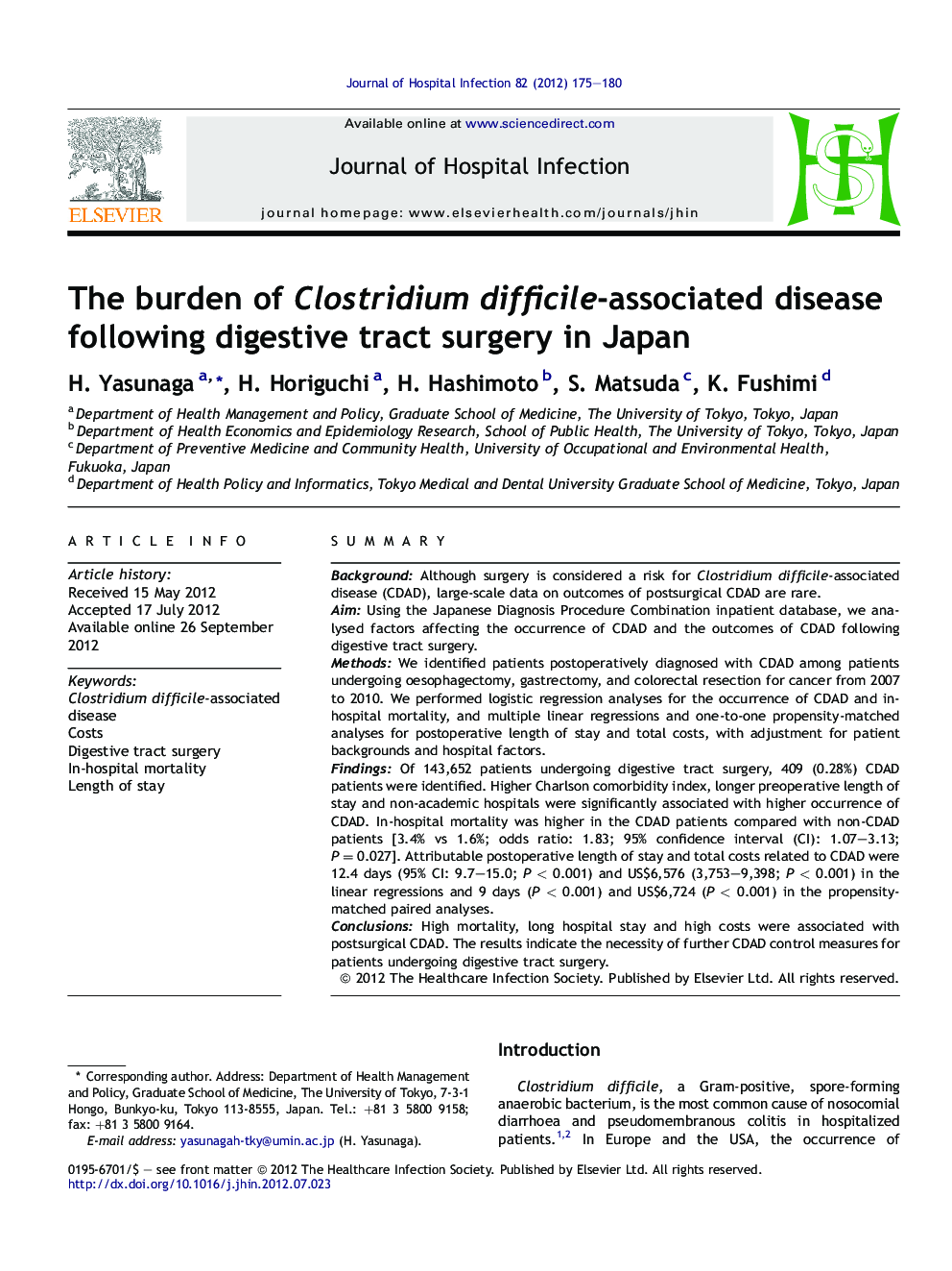 The burden of Clostridium difficile-associated disease following digestive tract surgery in Japan