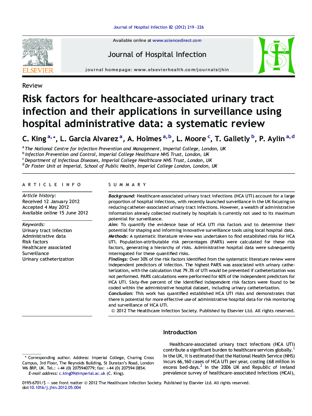 Risk factors for healthcare-associated urinary tract infection and their applications in surveillance using hospital administrative data: a systematic review