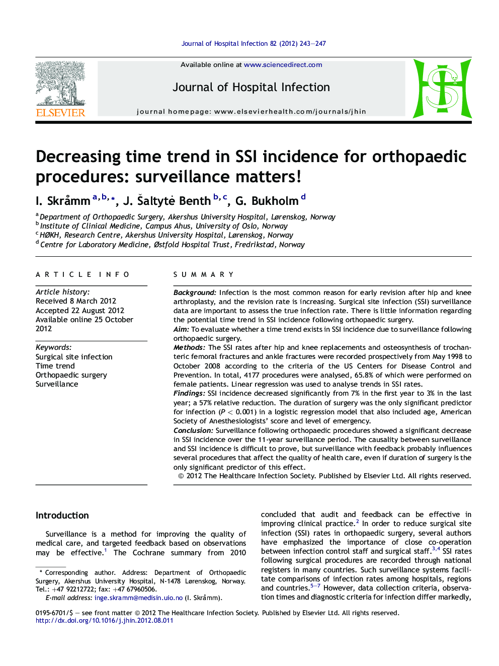 Decreasing time trend in SSI incidence for orthopaedic procedures: surveillance matters!