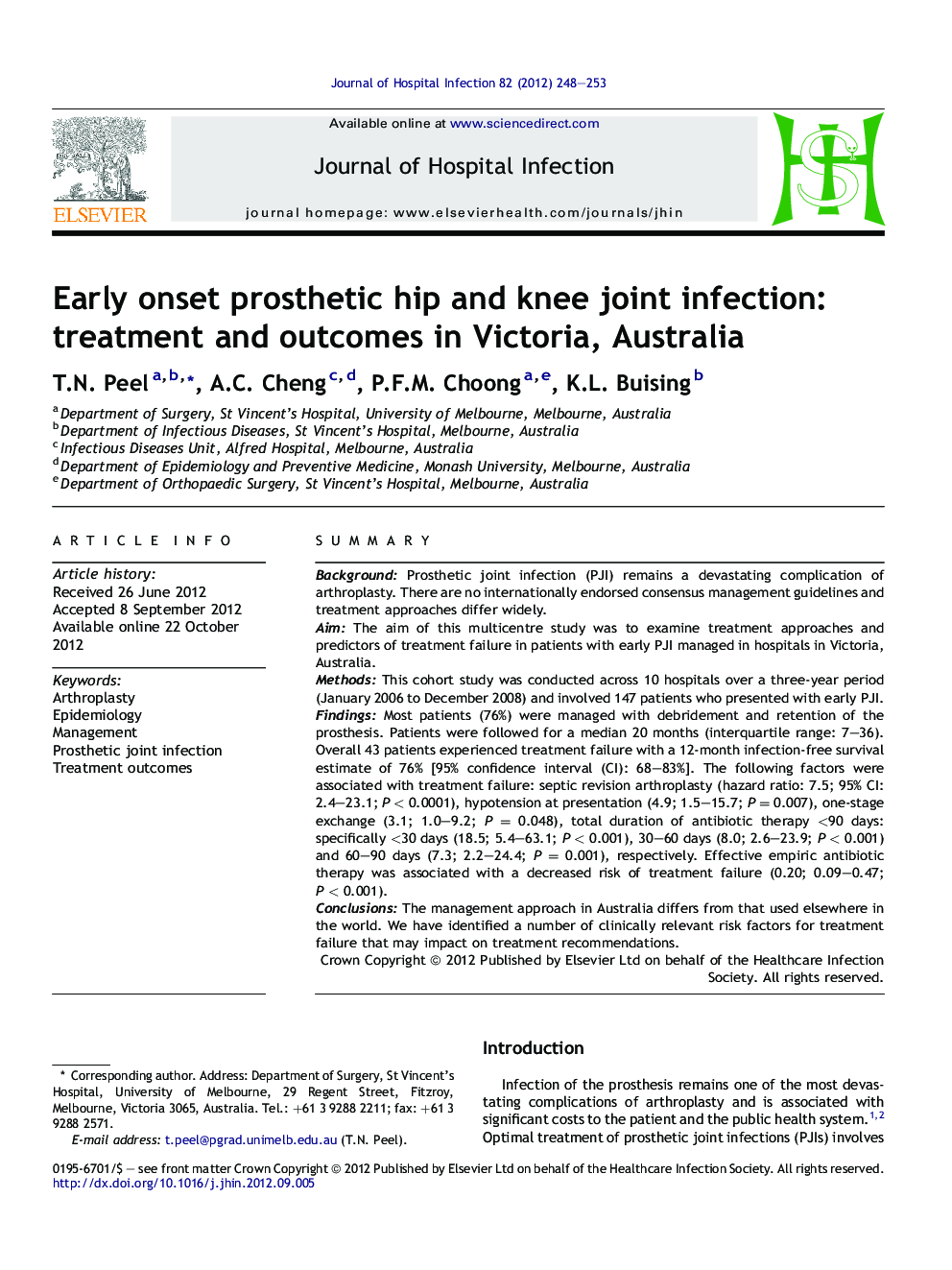 Early onset prosthetic hip and knee joint infection: treatment and outcomes in Victoria, Australia