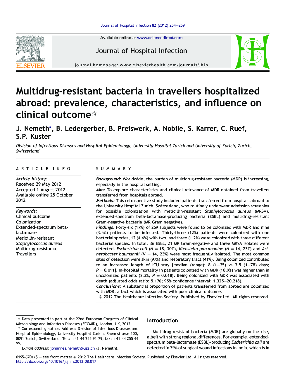 Multidrug-resistant bacteria in travellers hospitalized abroad: prevalence, characteristics, and influence on clinical outcome 
