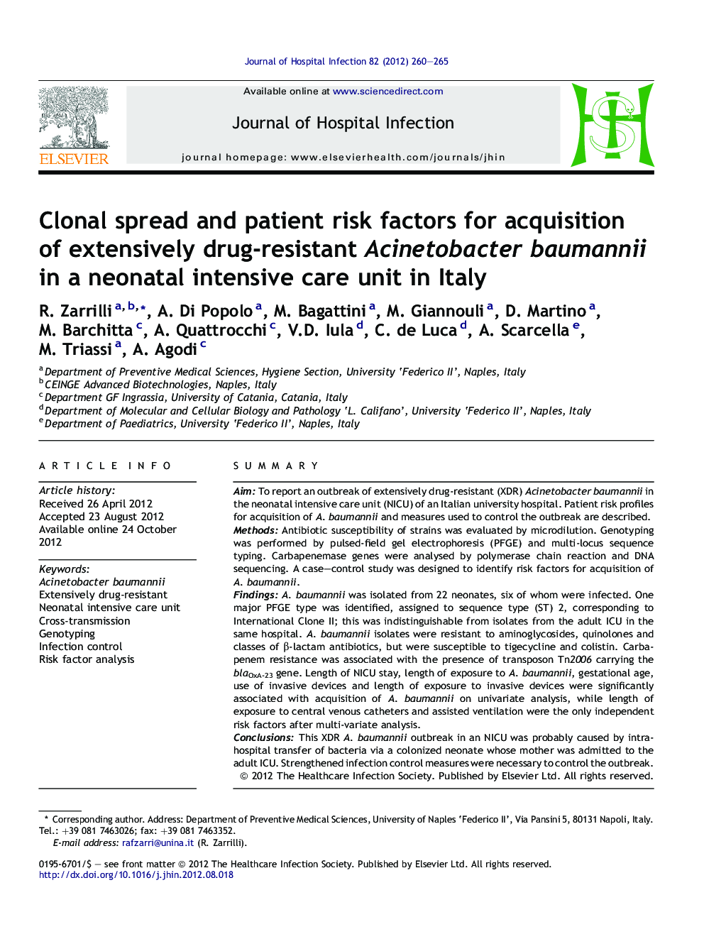 Clonal spread and patient risk factors for acquisition of extensively drug-resistant Acinetobacter baumannii in a neonatal intensive care unit in Italy