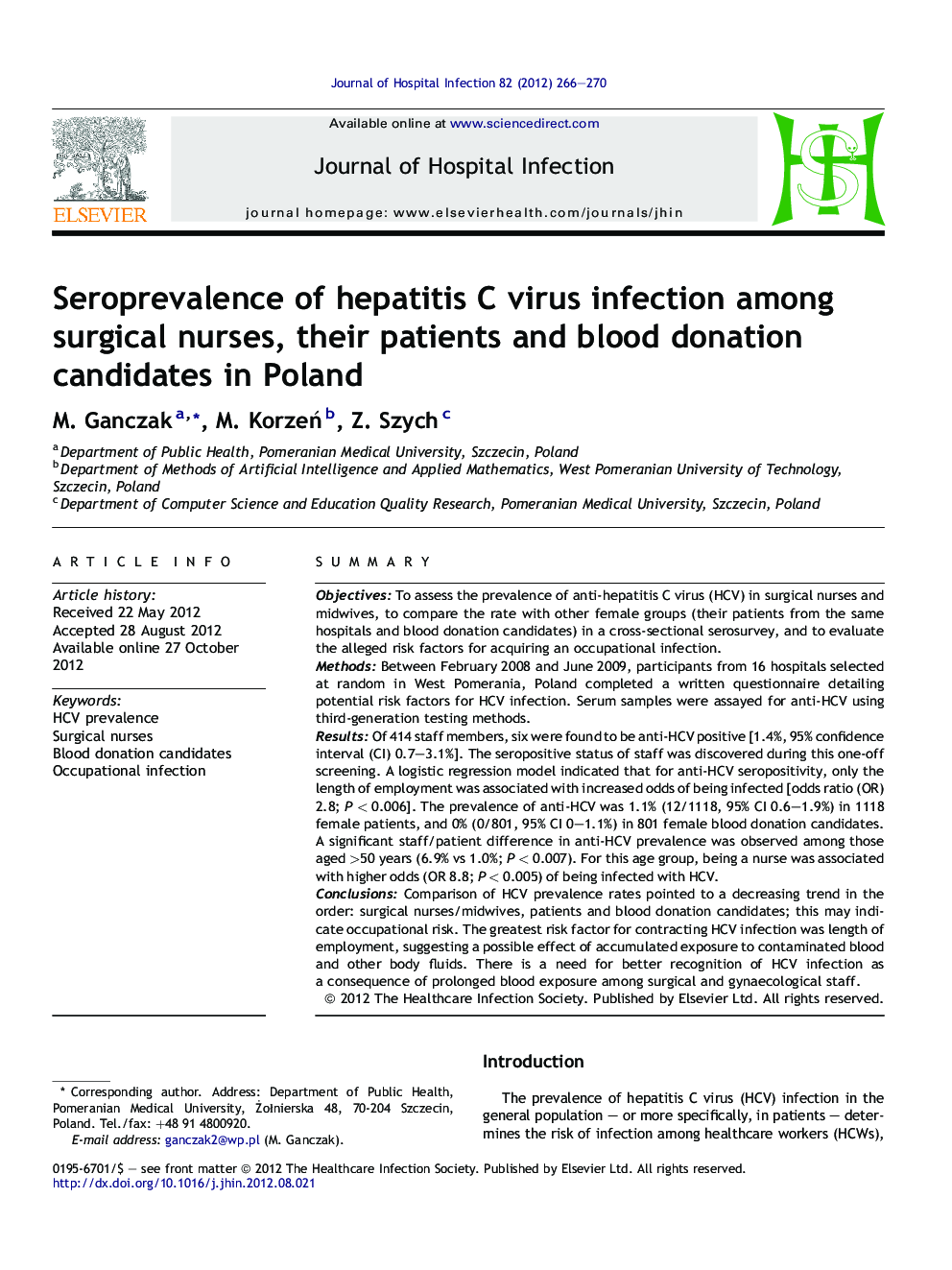 Seroprevalence of hepatitis C virus infection among surgical nurses, their patients and blood donation candidates in Poland