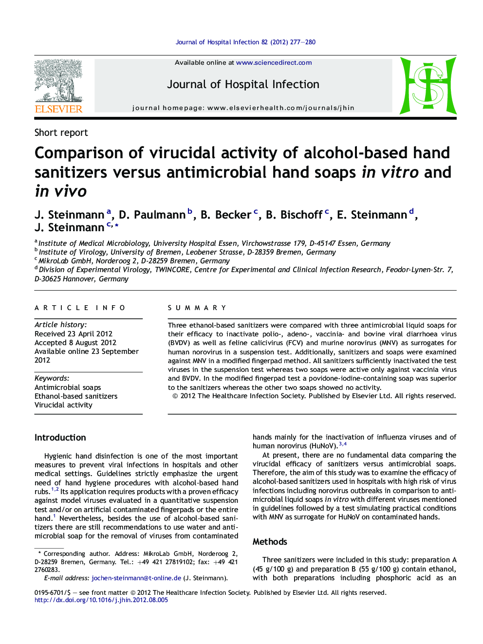 Comparison of virucidal activity of alcohol-based hand sanitizers versus antimicrobial hand soaps in vitro and in vivo