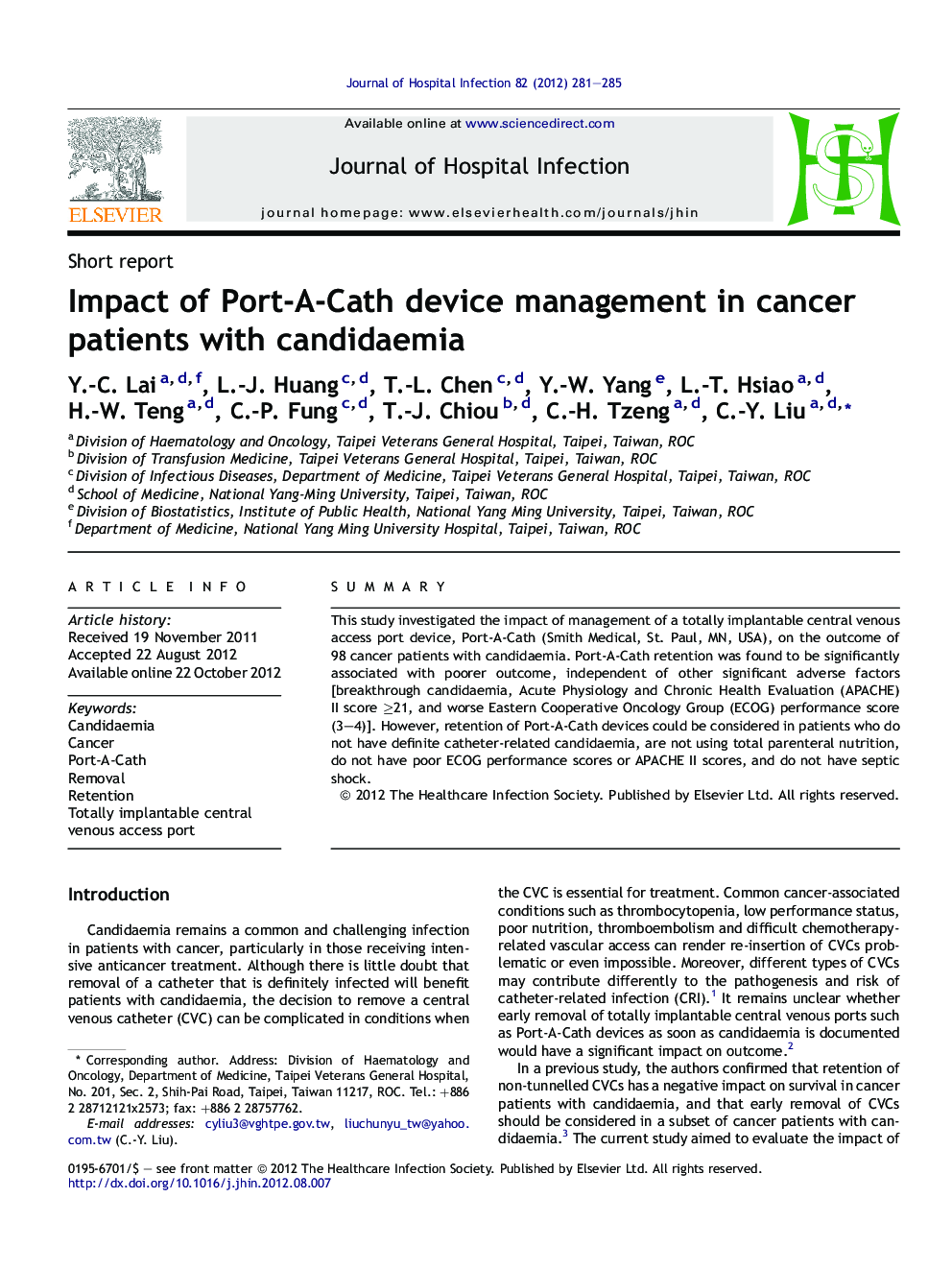 Impact of Port-A-Cath device management in cancer patients with candidaemia