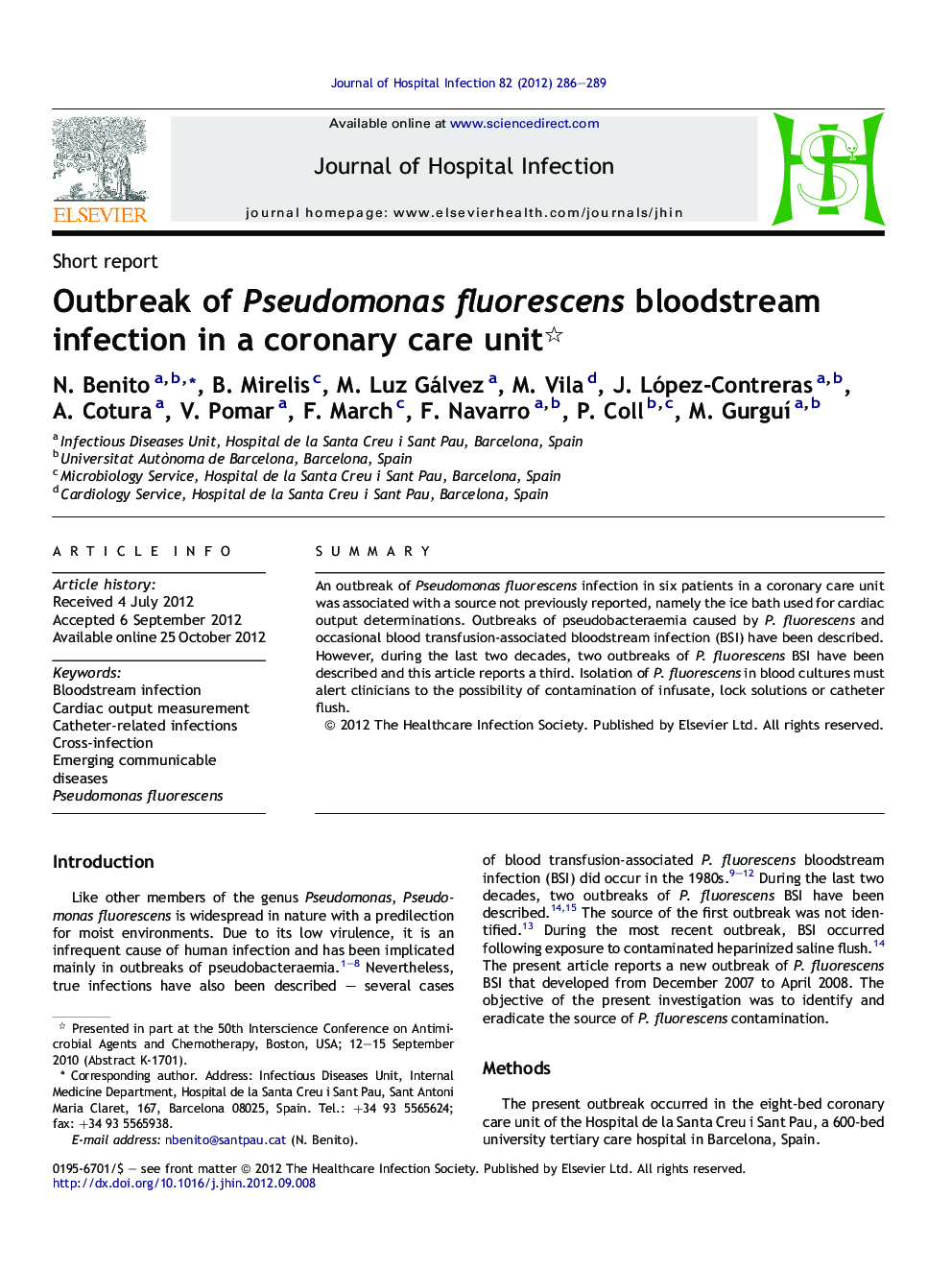 Outbreak of Pseudomonas fluorescens bloodstream infection in a coronary care unit 