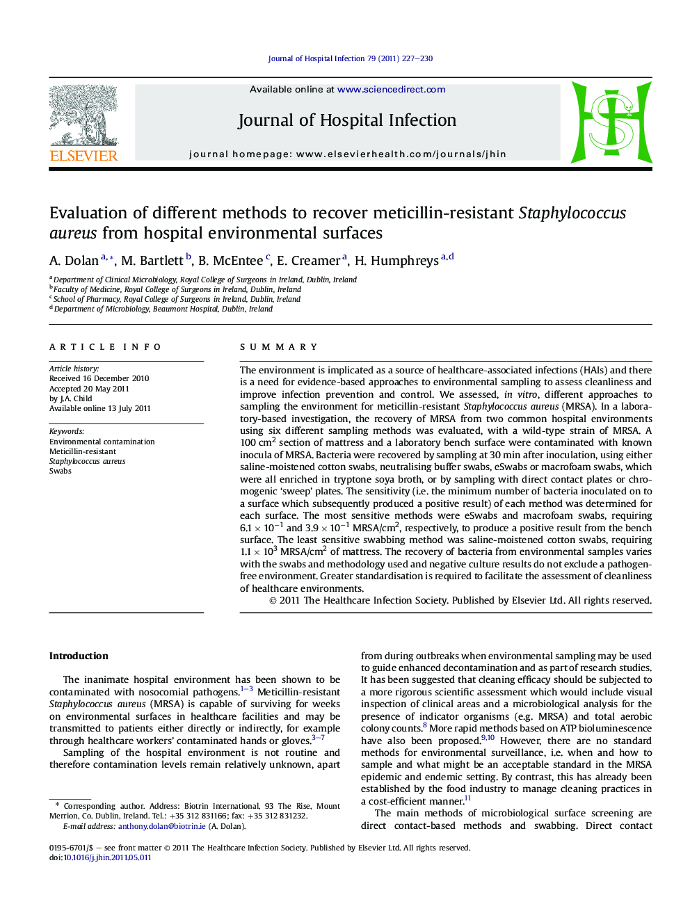 Evaluation of different methods to recover meticillin-resistant Staphylococcus aureus from hospital environmental surfaces