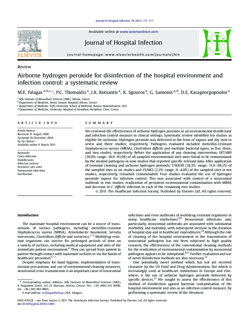 Airborne hydrogen peroxide for disinfection of the hospital environment and infection control: a systematic review