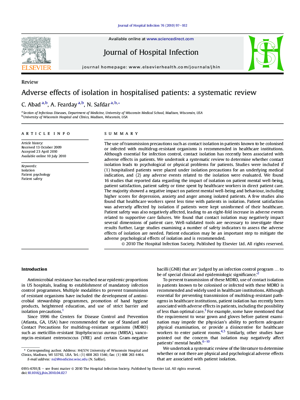 Adverse effects of isolation in hospitalised patients: a systematic review
