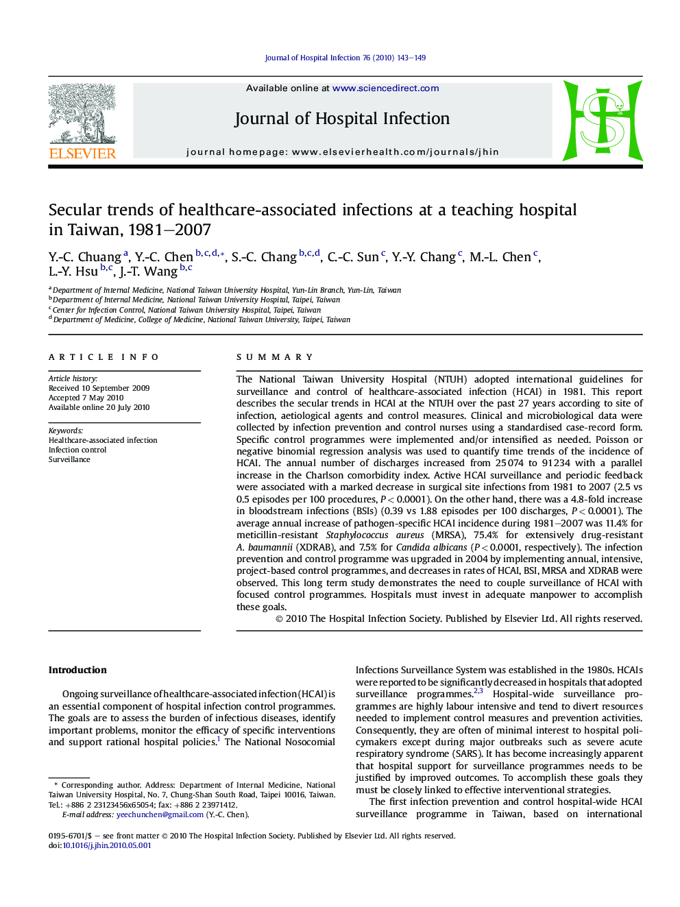 Secular trends of healthcare-associated infections at a teaching hospital in Taiwan, 1981–2007
