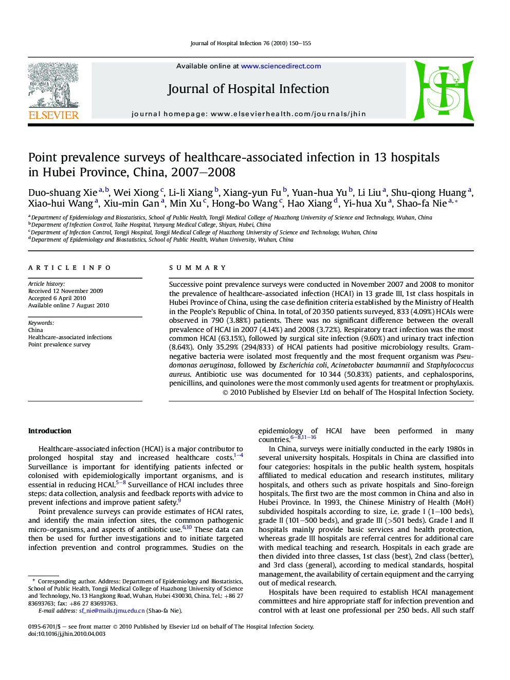 Point prevalence surveys of healthcare-associated infection in 13 hospitals in Hubei Province, China, 2007–2008