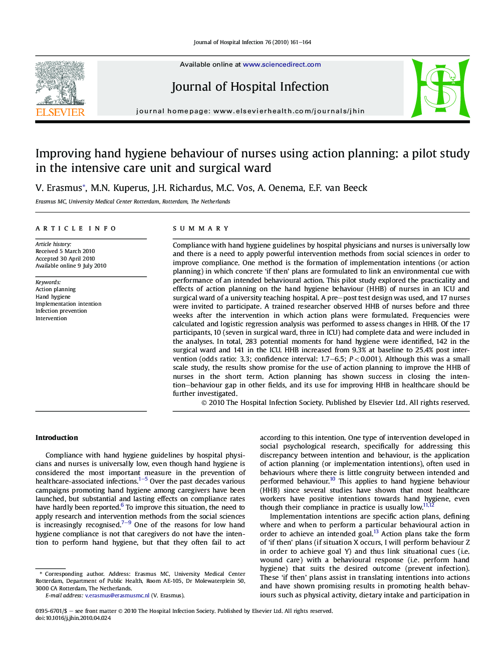 Improving hand hygiene behaviour of nurses using action planning: a pilot study in the intensive care unit and surgical ward