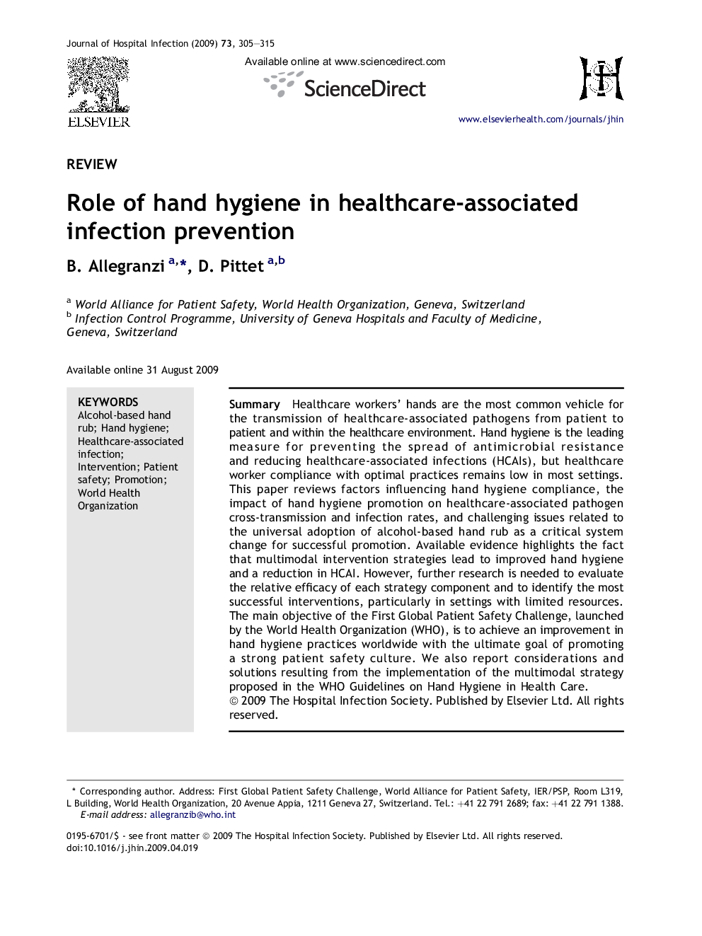 Role of hand hygiene in healthcare-associated infection prevention