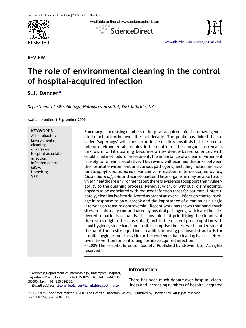 The role of environmental cleaning in the control of hospital-acquired infection