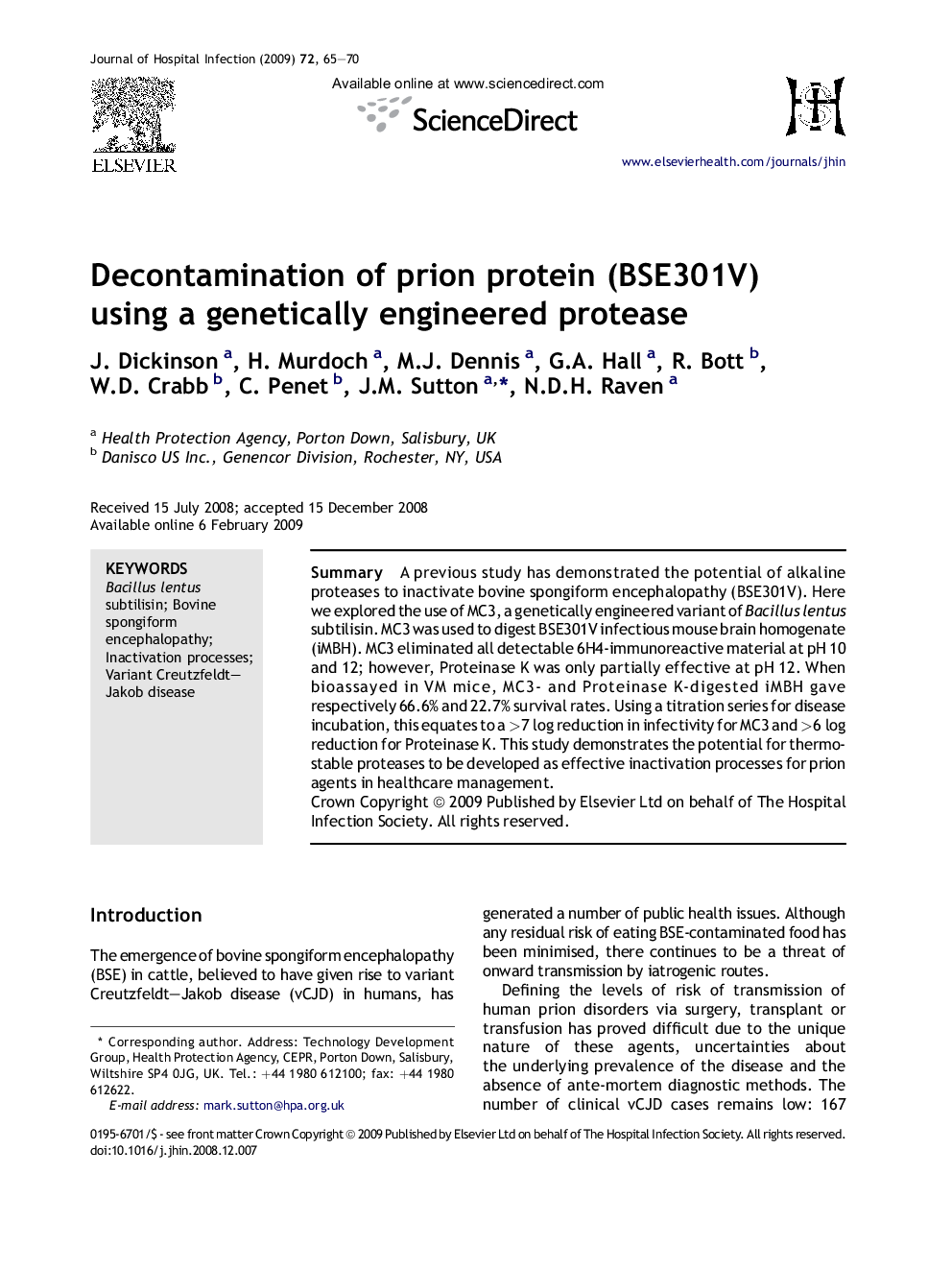 Decontamination of prion protein (BSE301V) using a genetically engineered protease