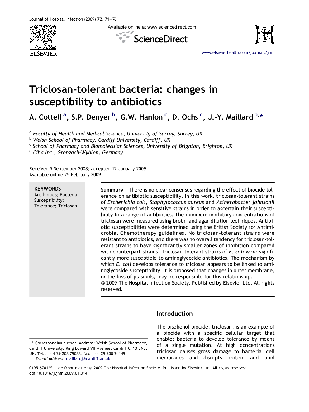 Triclosan-tolerant bacteria: changes in susceptibility to antibiotics