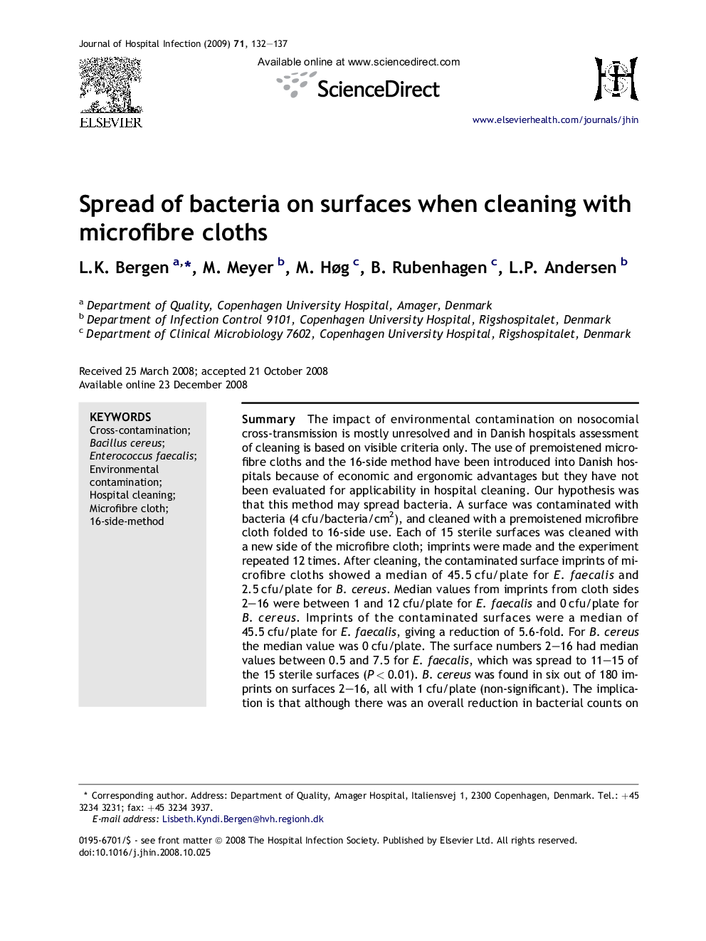 Spread of bacteria on surfaces when cleaning with microfibre cloths