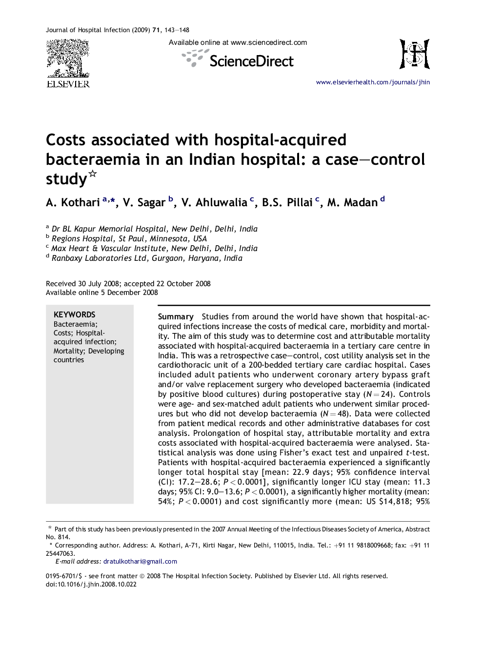Costs associated with hospital-acquired bacteraemia in an Indian hospital: a case–control study 